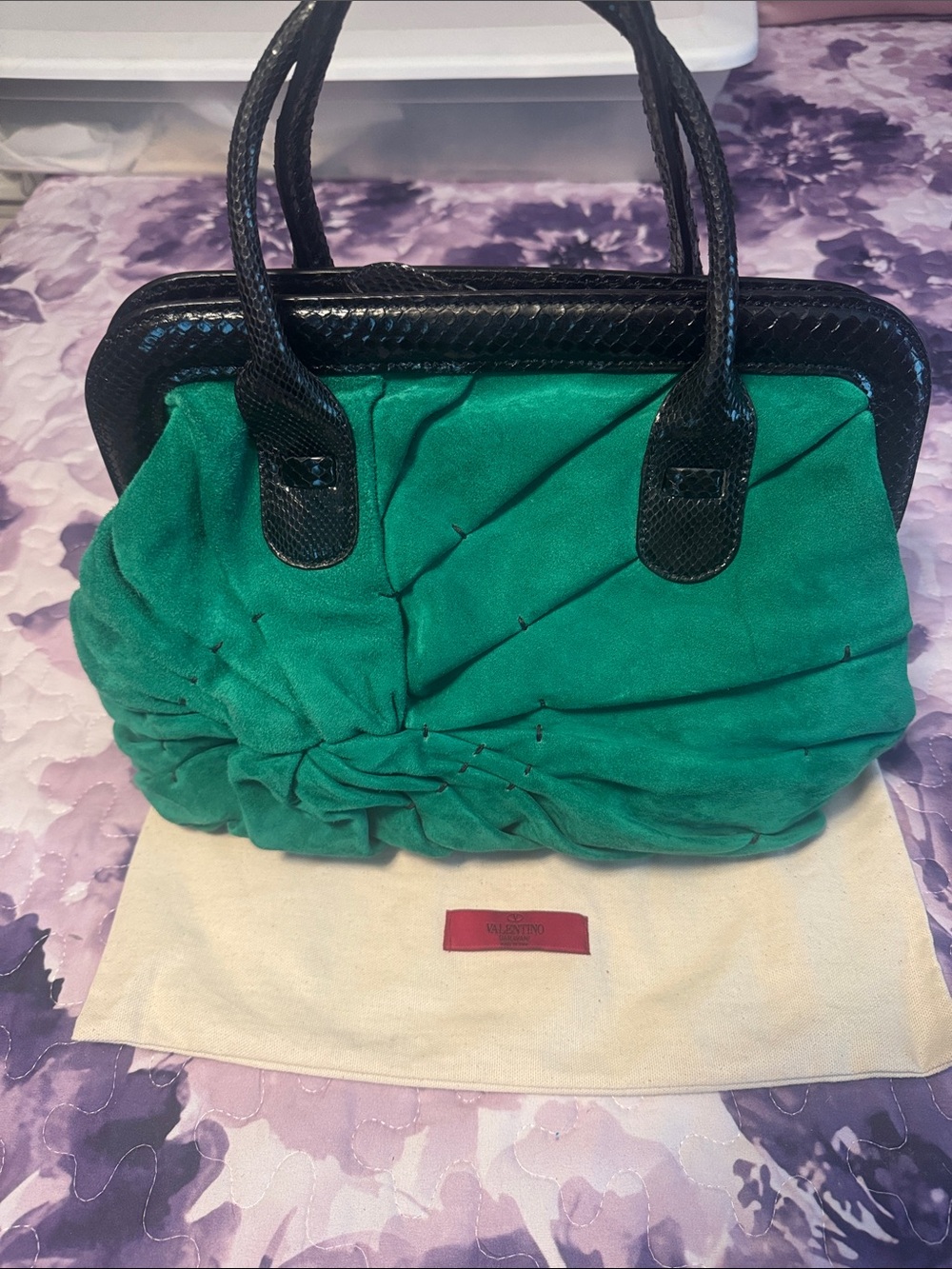 Valentino Runway Emerald Green Suede Tote with Black Python Trim